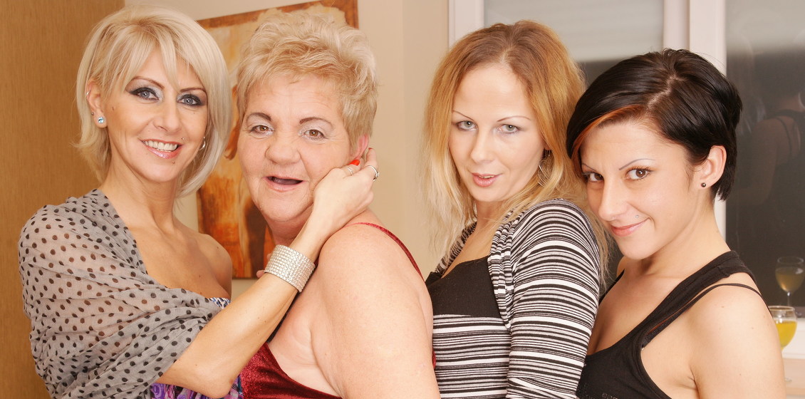 One Grandma, Two Milfs and One Young Girl Eat Each Others Pussies in This Hot Party