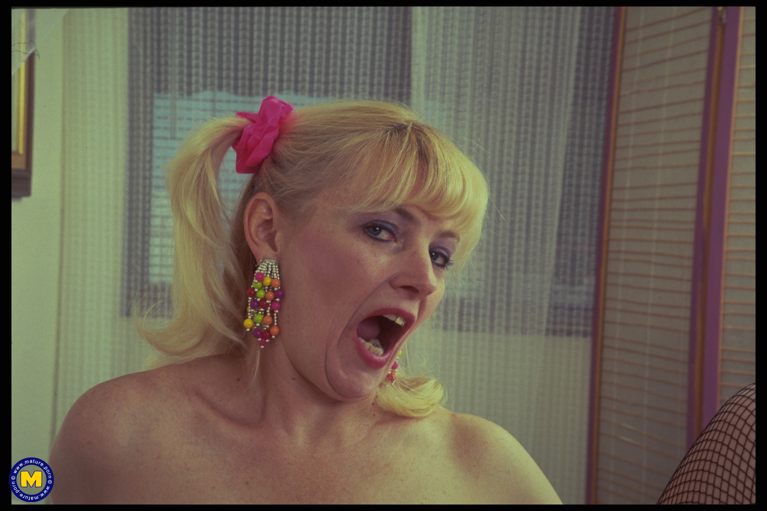 Blonde Shaved Mature Lady in Lingerie Showing Her Horny Pussy