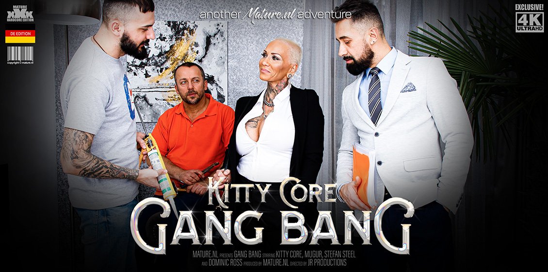 Three strapping guys fuck MILF Kitty Core until they all come on her big tits