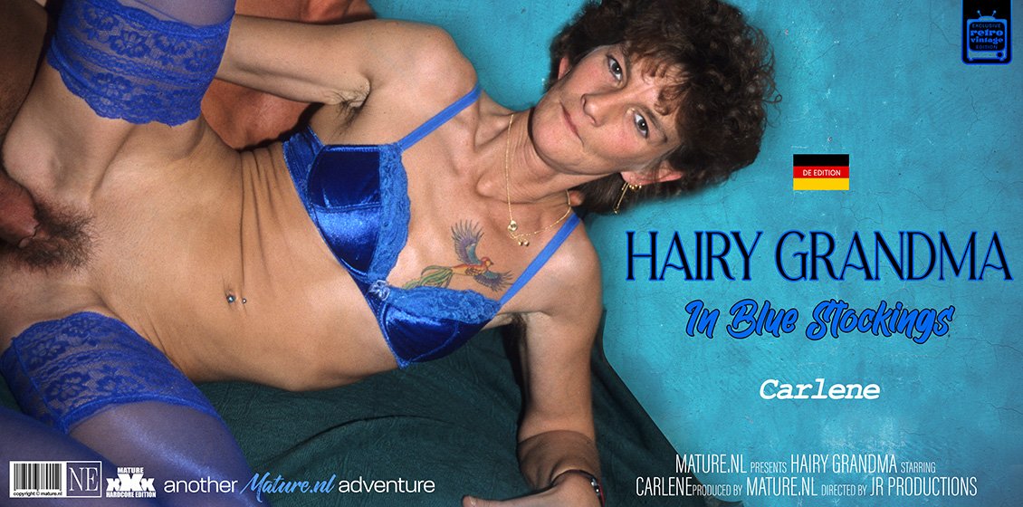Hairy grandma Carlene gets fucked while wearing blue stockings