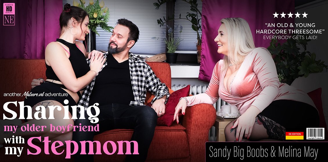 An old and young threesome with MILF Sandy Big Boobs, her stepdaughter Melina May and her boyfriend